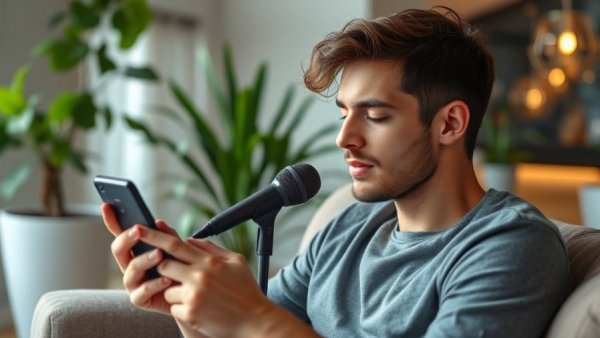 Young man focused on phone and mic in cozy room, productivity setting.