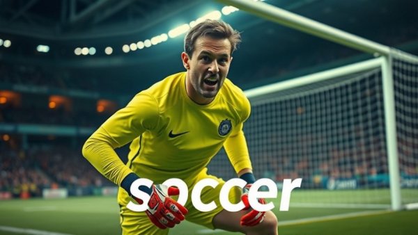 Goalkeeper with text overlay about origin of the word soccer in stadium.