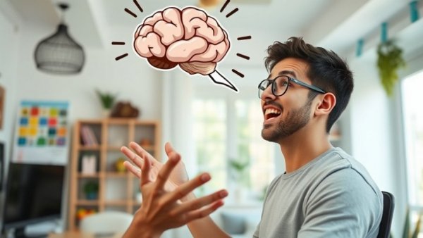 Young man speaks energetically with cartoon brain overhead in home office.