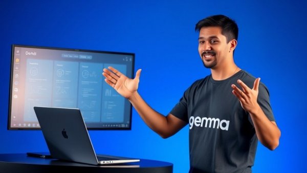 Enthusiastic presenter explaining AI software in a blue-themed setup.