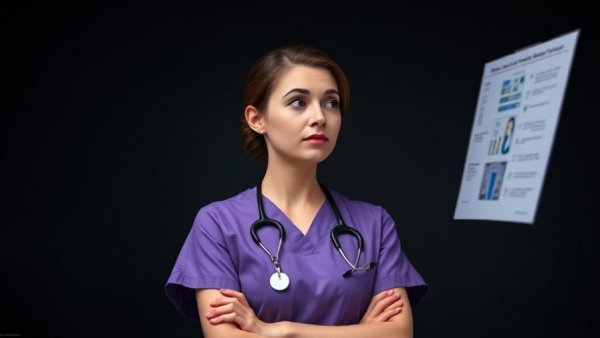 Nurse Slang Explained: Female nurse in purple scrubs points at text on a screen.