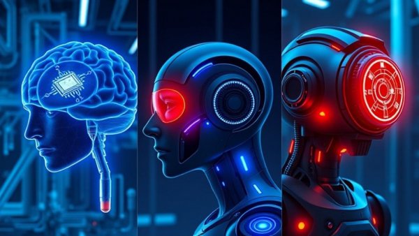 AI future technologies: digital brain, humanoid robot, fusion reactor