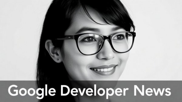 Young female developer in Google Developer News setting.