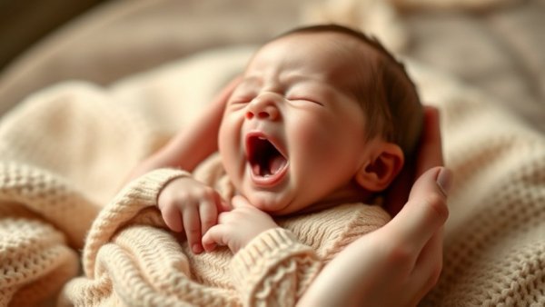 Yawning newborn in hands with newborn screening message.