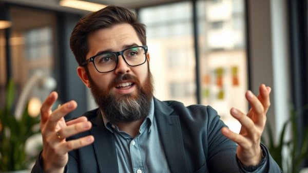 Confident man discussing productivity goal setting in an office.