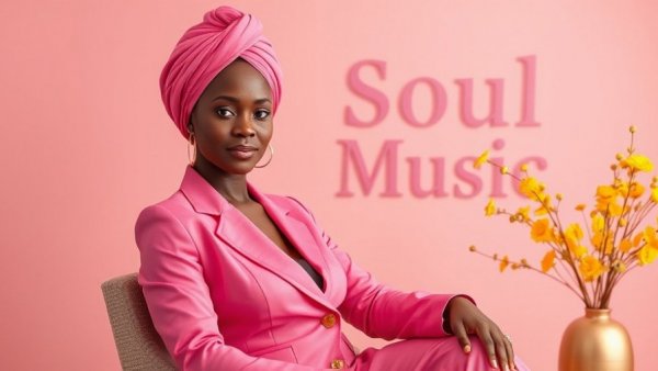 Soul Music channel elegant woman in pink suit sitting calmly.