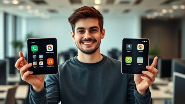 Man presenting Google Gemini Spark features with app icons.