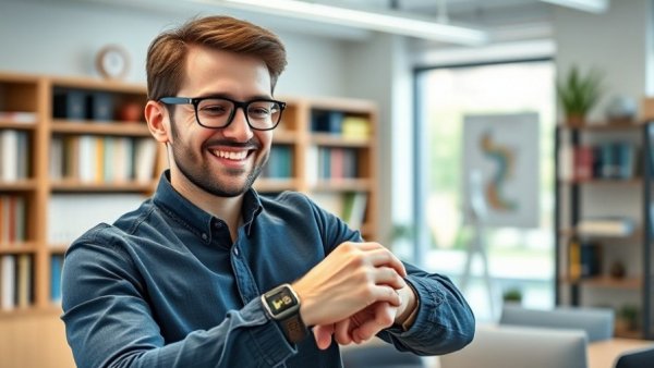 Young man demonstrating Apple Watch features, productivity and goal setting