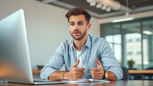 Young man explaining time-saving habits in an office.