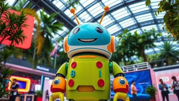 Large colorful android mascot at a tech exhibit, AI Africa film makers and developers.