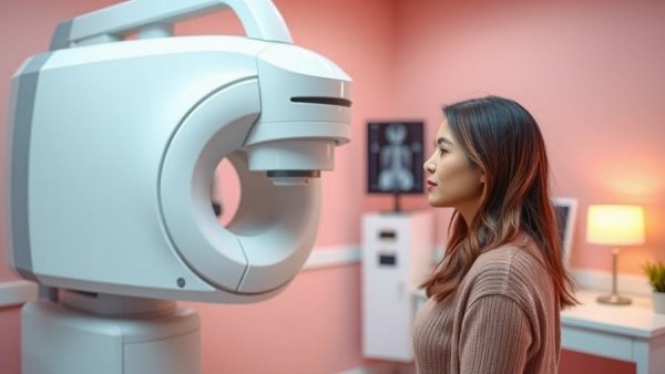 Woman at mammogram machine in medical room; breast pain discomfort mammogram.