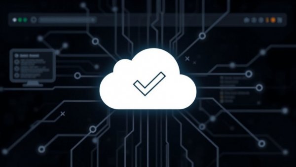 Cloud icon with check mark on digital background for web hosting.