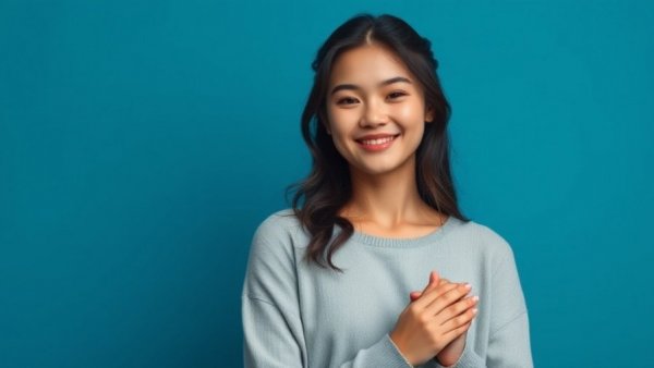 Confident woman smiling in a minimalist blue backdrop