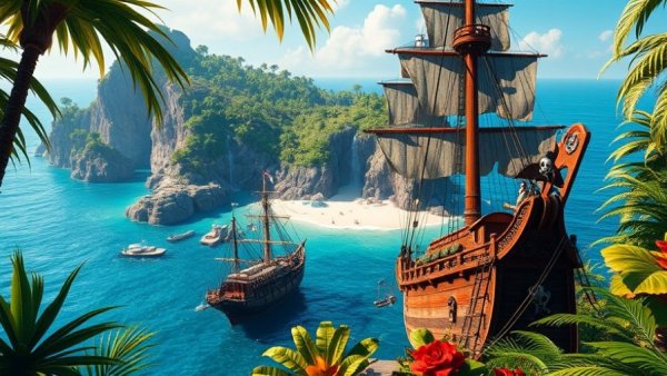 Corsair Cove game, vibrant pirate-themed environment with ship