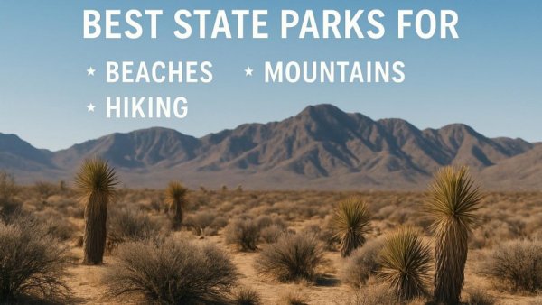 Text overlay of state parks on a desert landscape backdrop.