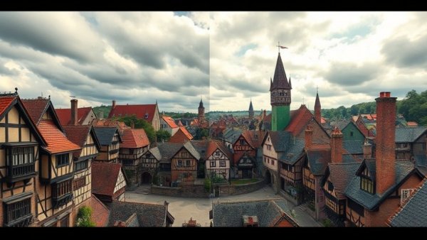 Unreal Engine 5 rendering challenges split-screen of a medieval village.