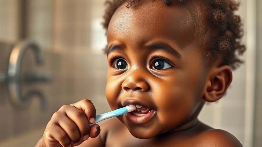 Cute African baby brushing teeth, highlighting infant care education and maternal health importance.