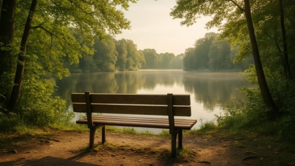 Tranquil lake view with a bench, evoking calmness and solitude.