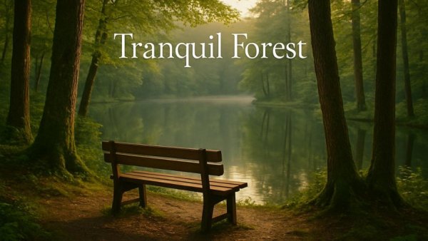 Forest scene with bench and lake, Beegie Adair text overlay.