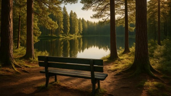 Serene forest scene with bench by lake, evoking Beegie Adair’s sophisticated jazz.