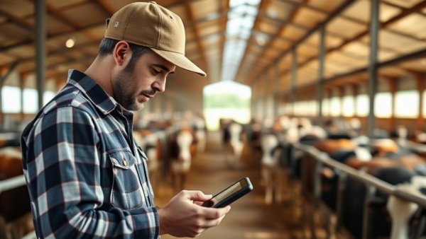 Farmer using technology to manage barn and cows