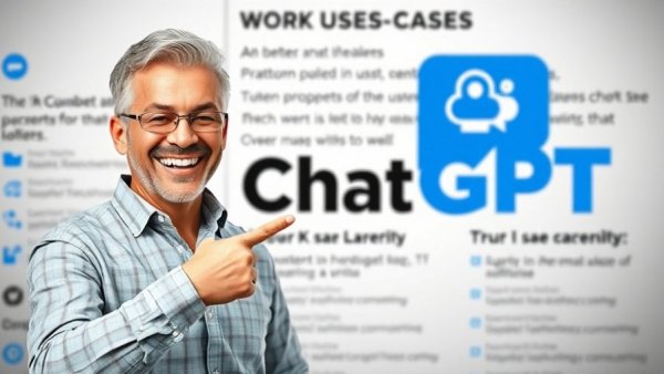 ChatGPT Work Use Cases highlighted by smiling man pointing at logo