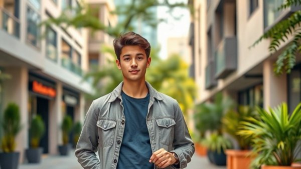 Young developer outdoors at a modern setting with greenery