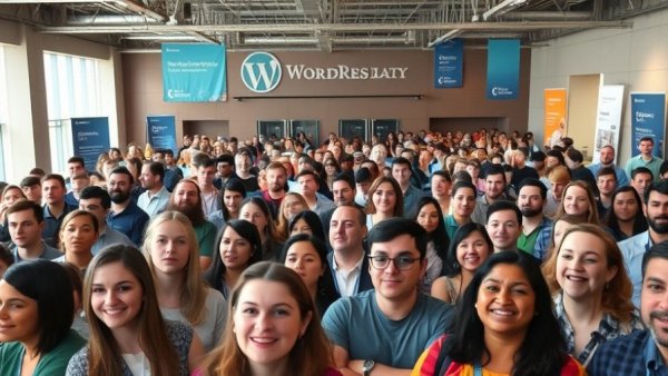 Find WordPress Meetups Near You: Large crowd at a tech event inside a modern venue.