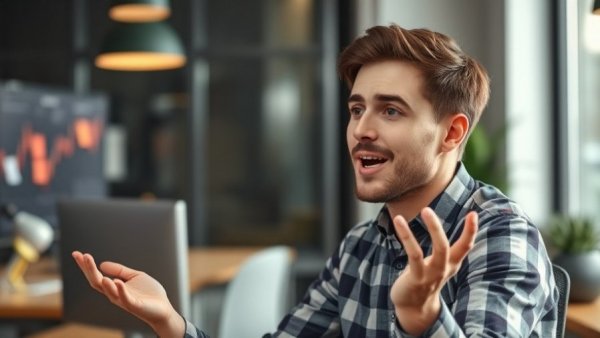 Young man explaining digital marketing in an office for making money online.