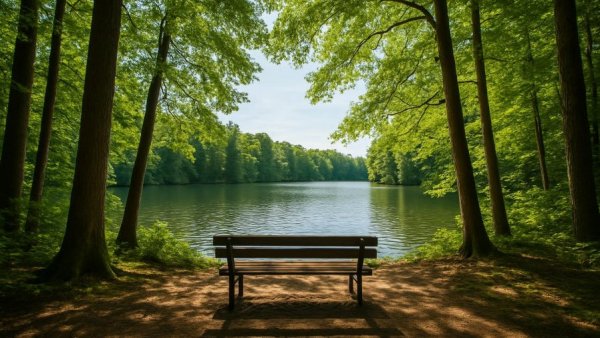 Beegie Adair’s sophisticated jazz performances, serene forest with bench by a lake.