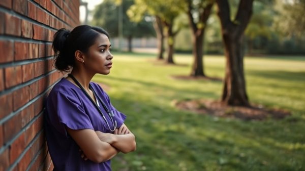 Nurse in purple scrubs coping with bad nursing shifts, outdoors.