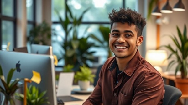 Productivity and goal setting with young team member smiling in creative office.