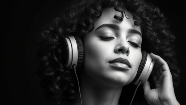 Young woman relaxing in headphones, enjoying self care music.