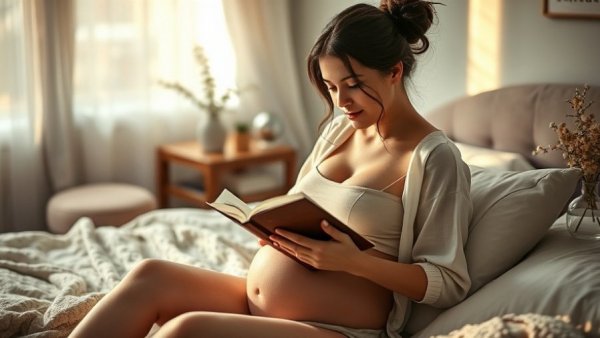 Pregnant woman reading book about labor and delivery.