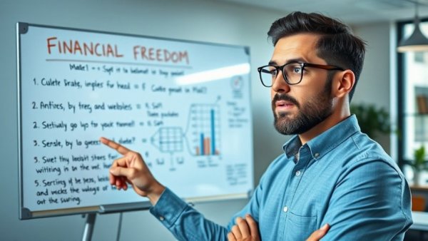 Man discussing the freedom formula to make work optional on whiteboard.