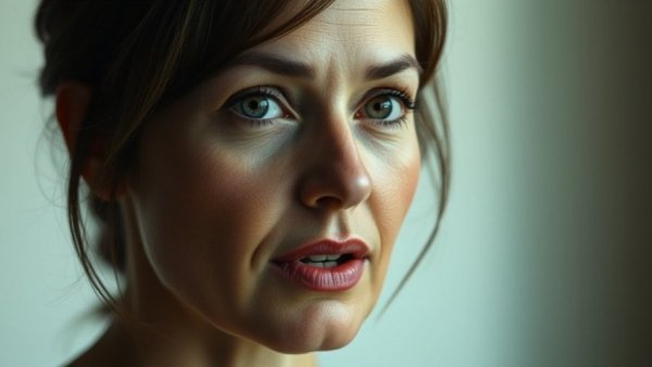 Close-up of a woman explaining against a plain background.