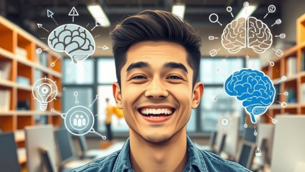 Enthusiastic person in tech setting with AI memory icons