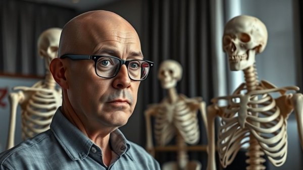 Man in anatomy and physiology class with anatomical models.