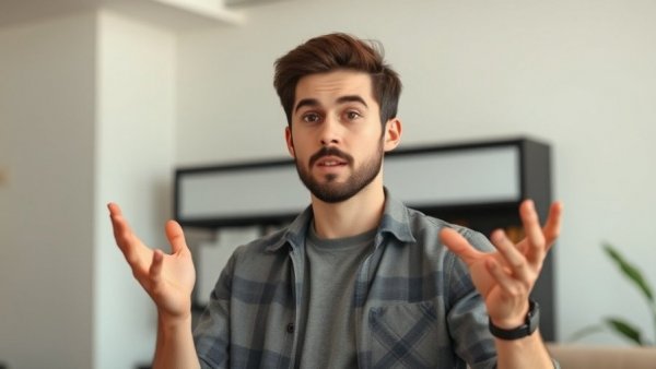 Young man explaining productivity indoors with focus