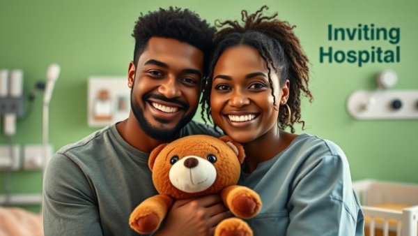 Smiling couple in nursery with free antenatal classes info.