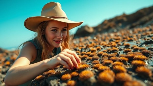 AI nature video creation for kids showing young woman exploring tide pools.
