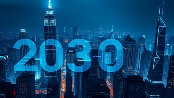 Futuristic AI face overlooking a city with '2030'; AI for business future.