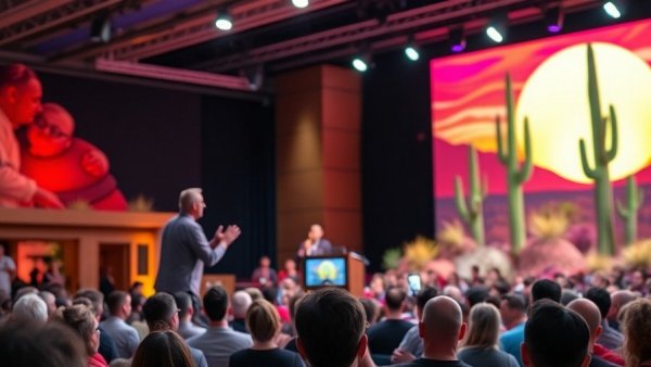 Vibrant WordCamp US 2026 stage with speaker and desert backdrop