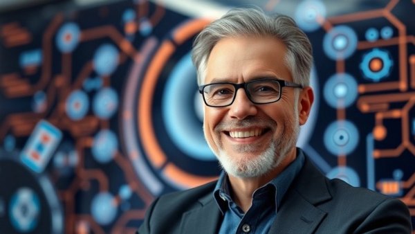 Claude skills for business: smiling man in front of robot icons.