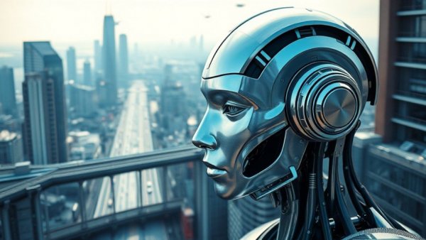 AI for business concept with futuristic robot in advanced cityscape.