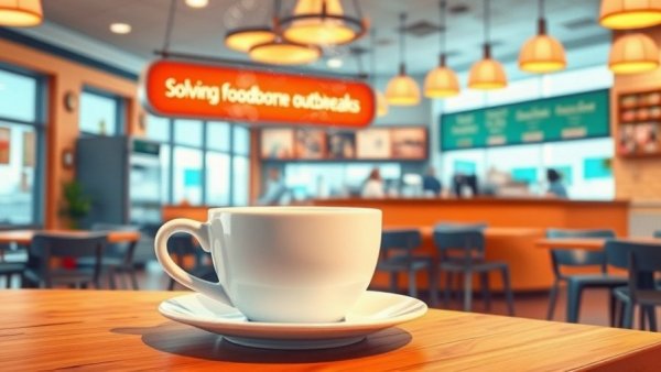 Educational poster on solving foodborne outbreaks with coffee and restaurant image.