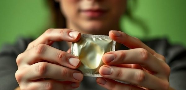 Hands holding condom with family planning text overlay.