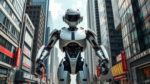 Futuristic robot in urban setting, illustrating User-Generated Content in Unreal Engine