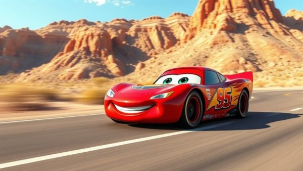 Red racing car in animated desert setting, Pixar style.
