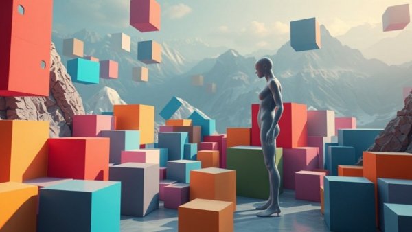 Abstract virtual scene in Unreal Engine 5.8 with colorful blocks and mannequin.